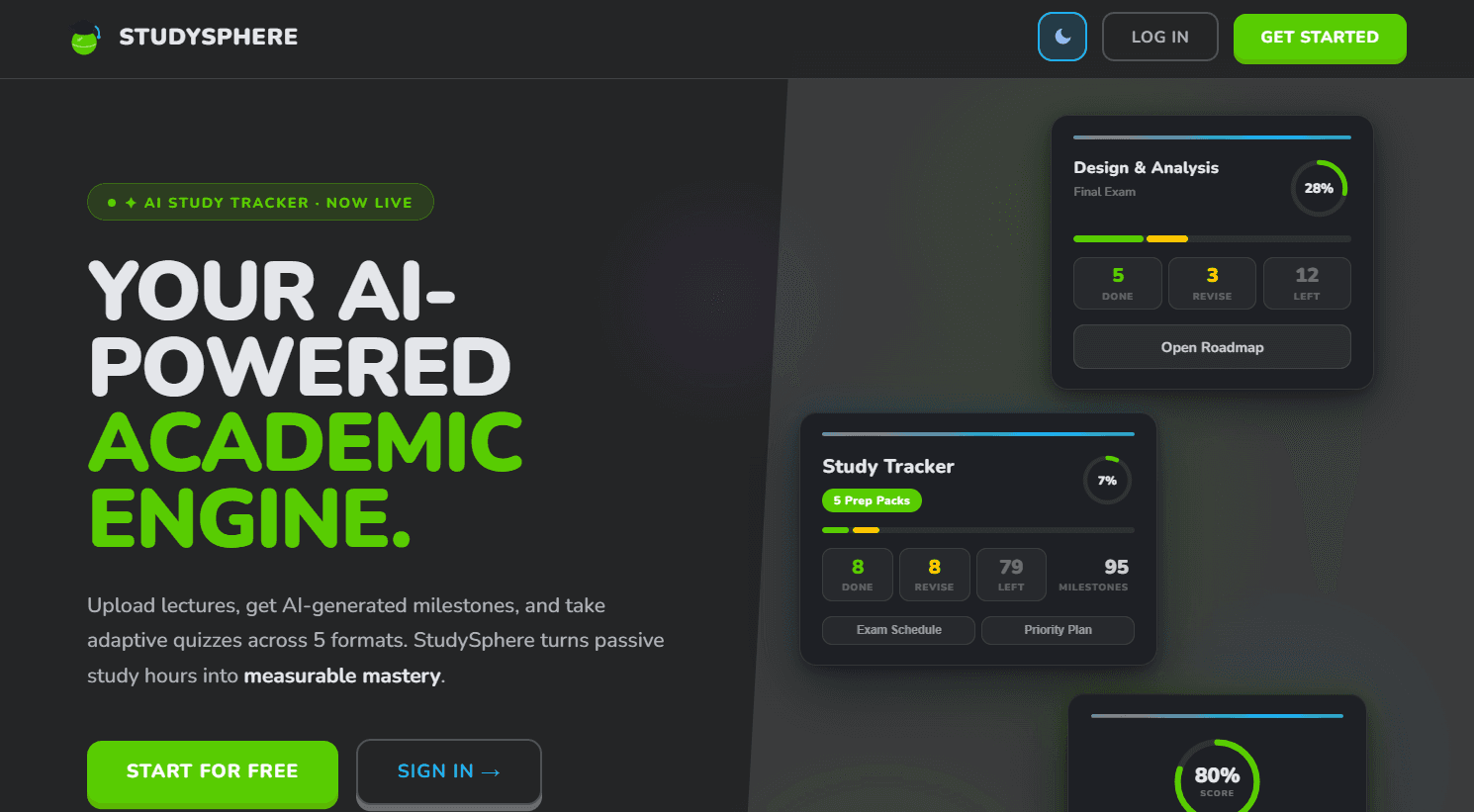 Study Sphere AI-powered learning platform dashboard screenshot